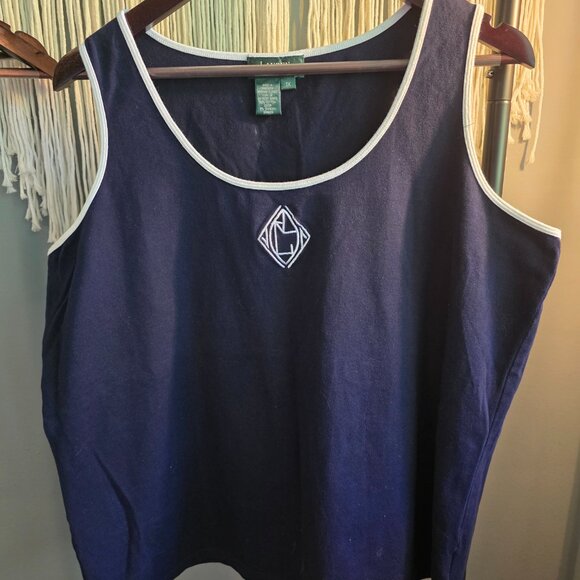 Lauren Ralph Lauren Navy Tank Top | Women’s 1X | Classic White Trim & Logo - Picture 2 of 4